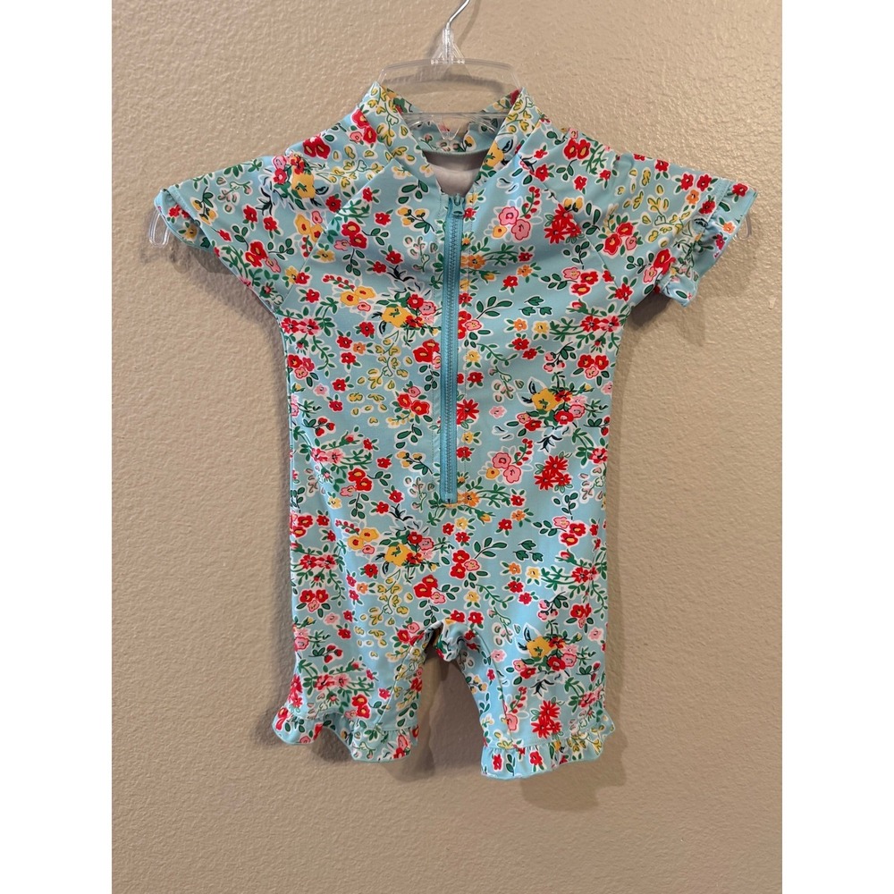 Unbranded Floral Rash Guard Swimsuit Kids 12/18M Blue Excellent One Piece Ruffle